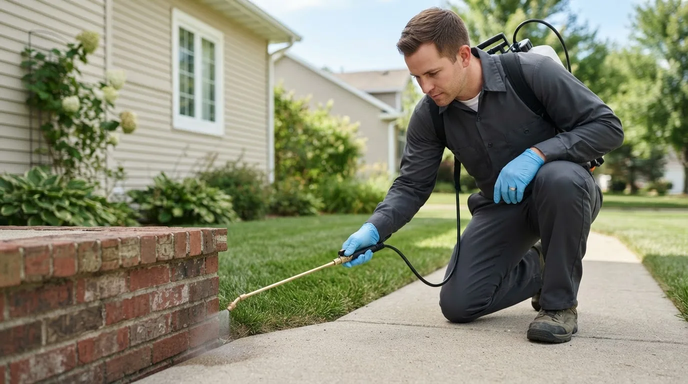Pest control technician treating a home near North Beach, MD
